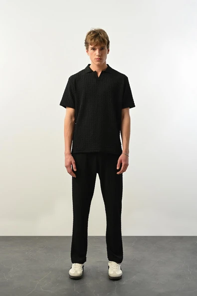 Premium Gölge Dokulu Polo Yaka Erkek T-Shirt - Siyah - 3