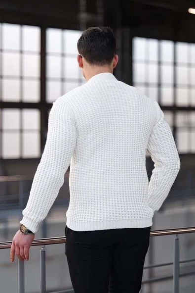 Nopenli Fitil Örgü Düğmeli Hırka - Taş - Resim 5