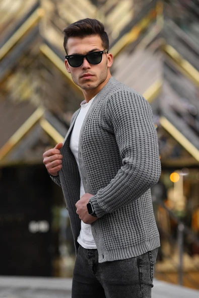 Nopenli Fitil Örgü Düğmeli Hırka - Füme - Resim 7