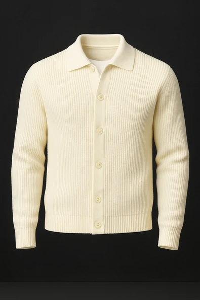 Oversize Selanik Örgü Düğmeli Erkek Hırka- Ekru ürün görseli