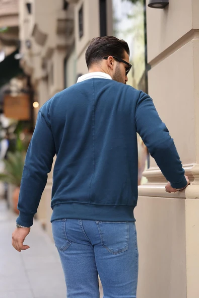 Polo Yaka Selanik Örme Kumaş Erkek Sweatshirt - İndigo - 7