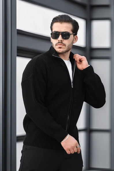 Oversize Selanik Örme Fermuarlı Erkek Hırka- Siyah - 4