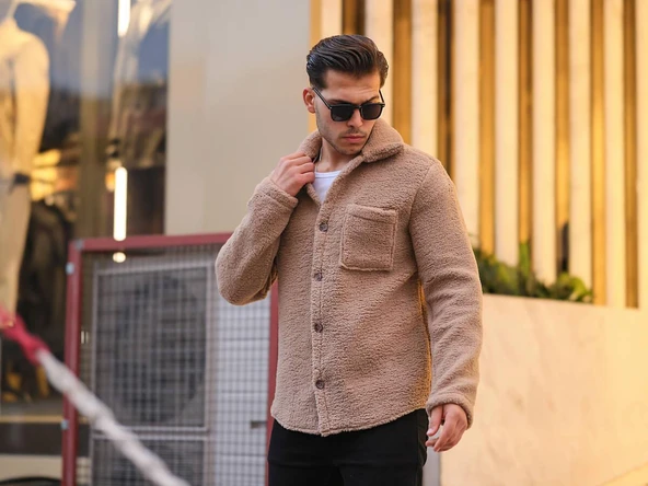 Tek Cepli Peluş Ceket- Bej - Resim 5