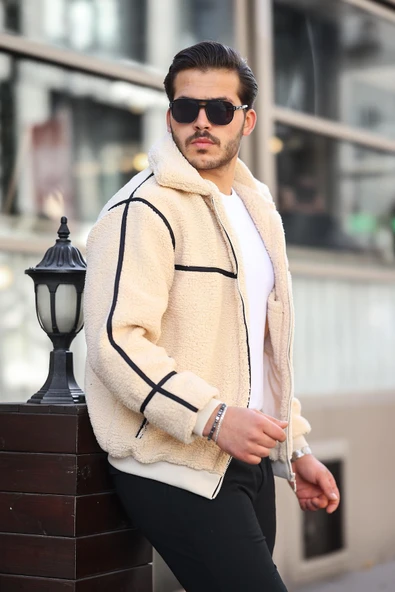 İçi Astarlı Şerit Detaylı Peluş Mont - Ekru - 3