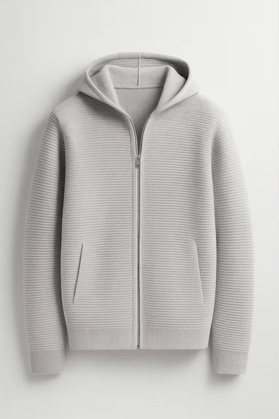 Fermuarlı Merdiven Örgü Kapüşonlu Triko Hırka/Ceket - Açıkgri ürün görseli 1