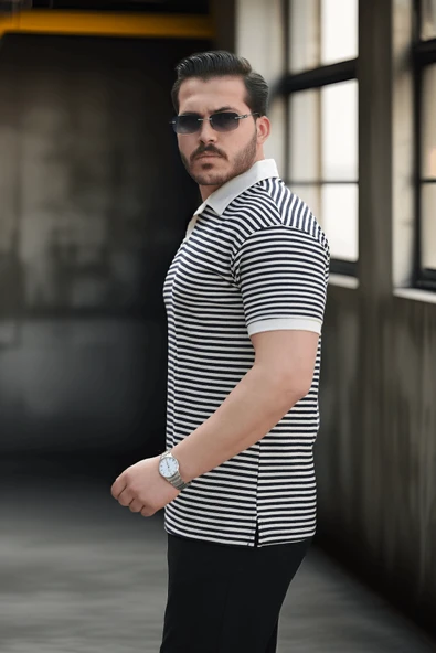 Çizgili Örme Desenli Polo Yaka Erkek T-Shirt - Siyah - 3