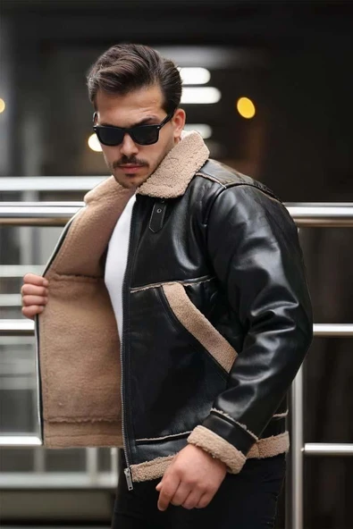 Vintage Kürk Detaylı Erkek Deri Ceket/Mont - Siyah - 2