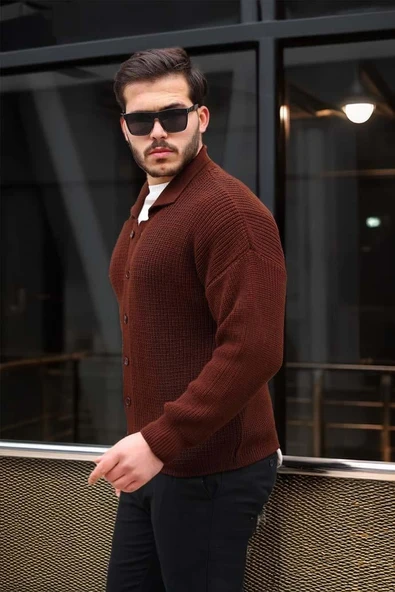 Oversize Selanik Örgü Düğmeli Erkek Hırka- KoyuKahve - Resim 5