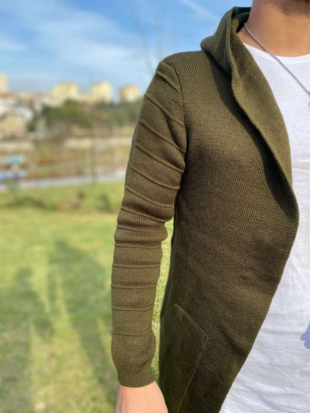 Haki Erkek Düz Panço Hırka - 4