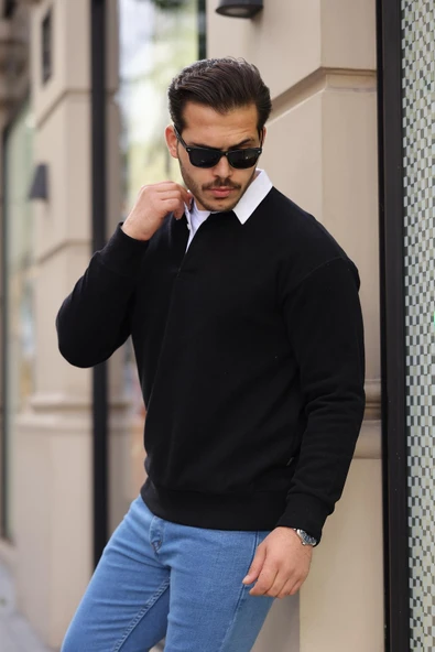 Polo Yaka Selanik Örme Kumaş Erkek Sweatshirt - Siyah - 4