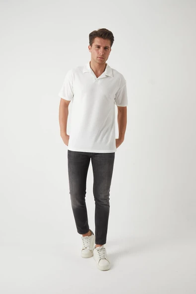 Havlu Kumaş Polo Yaka Erkek T-Shirt - Ekru - 3
