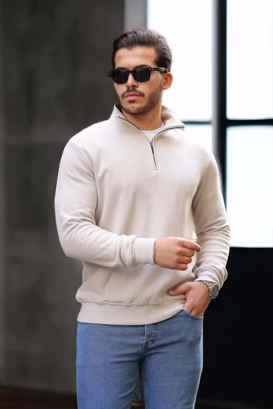 Lars Selanik Örme Kumaş Yarım Fermuar Erkek Sweatshirt - Taş - Resim 4