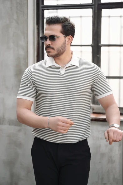 Çizgili Örme Desenli Polo Yaka Erkek T-Shirt - Yeşil