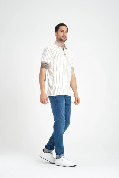 Premium Dik Çizgili Polo Yaka T-Shirt - Bej - 4