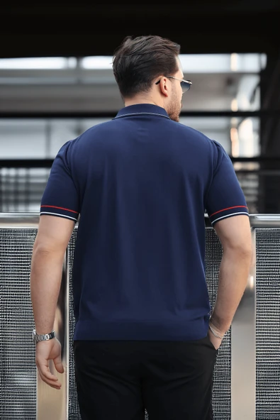 Premium Şerit Detaylı Viskon Polo Yaka Triko Erkek T-Shirt - Lacivert - 4