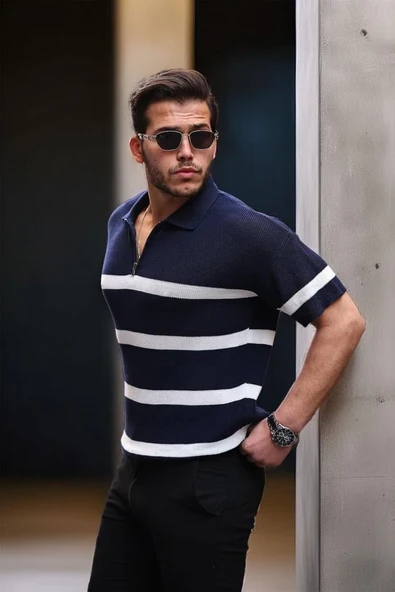 Yarım Fermuar Çizgili Oversize Triko T-Shirt - Lacivert