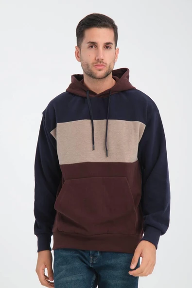 Oversize Kapüşonlu 3 Renk Blok Selanik Örme Erkek Sweatshirt - Kahve ürün görseli 1