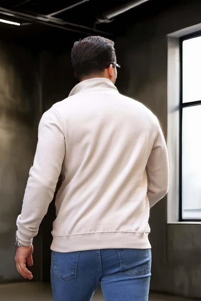 Lars Selanik Örme Kumaş Yarım Fermuar Erkek Sweatshirt - Taş - Resim 6