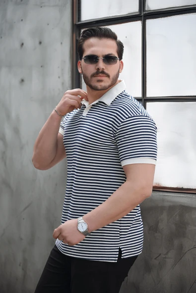 Çizgili Örme Desenli Polo Yaka Erkek T-Shirt - Lacivert - 4