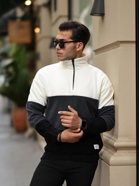 Parça Desen Yarım Fermuar Polar Sweatshirt - Ekru/Füme/Siyah