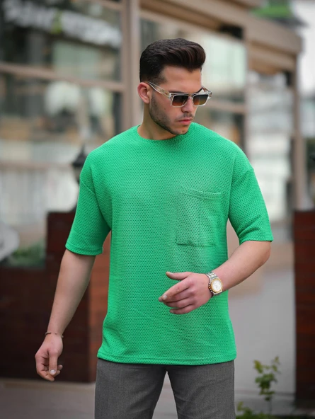 Cep Detaylı Oversize Örme T-shirt - Yeşil - 2