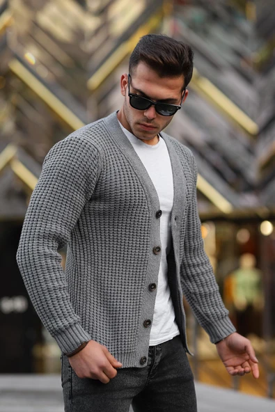 Nopenli Fitil Örgü Düğmeli Hırka - Füme - Resim 3