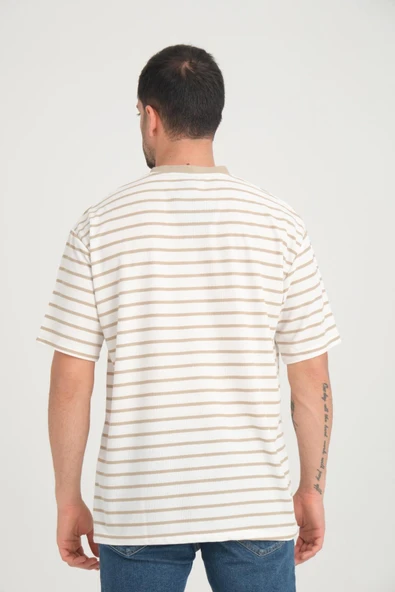 Zarf Yaka Detaylı Çizgili Oversize T-Shirt - Kum Beji - 7