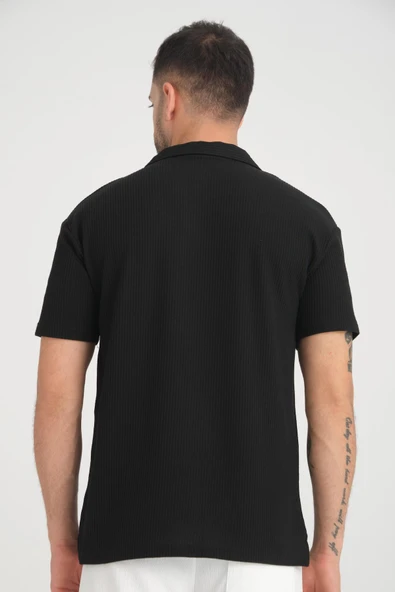 Premium V Yaka Oversize Fitilli T-Shirt - Siyah - 7