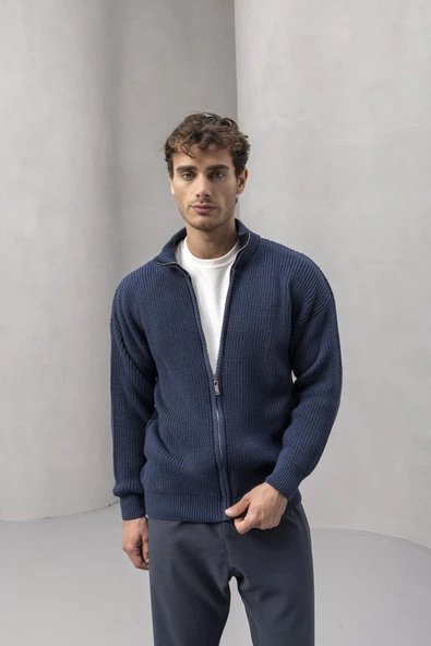 Woody Oversize Selanik Örme Fermuarlı Erkek Hırka- İndigo - Resim 2