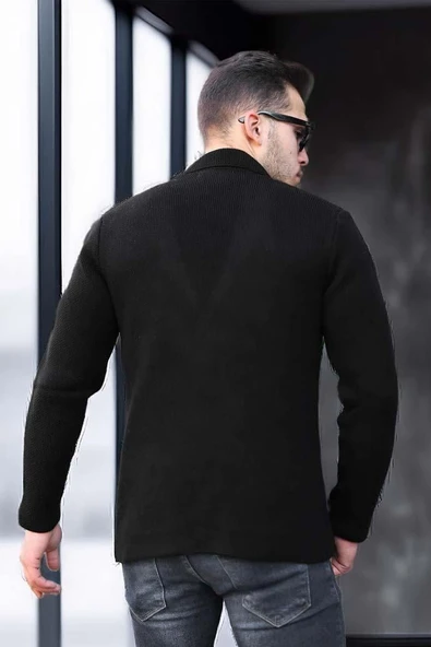 Siyah Erkek Cep Detaylı Triko Ceket - Resim 5