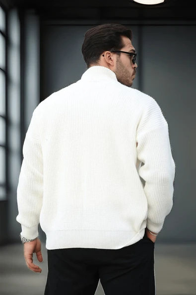 Oversize Selanik Örme Fermuarlı Erkek Hırka- Ekru - 5