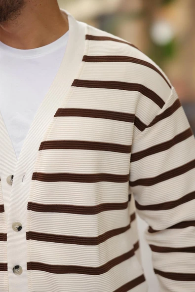 Oversize Çizgili Düğmeli Erkek Hırka - Kahve - 4