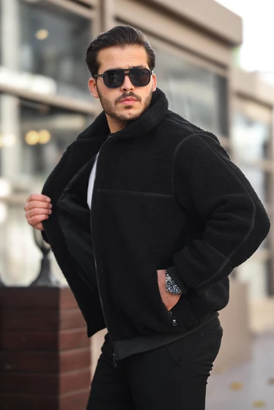 İçi Astarlı Şerit Detaylı Peluş Mont - Siyah - 3
