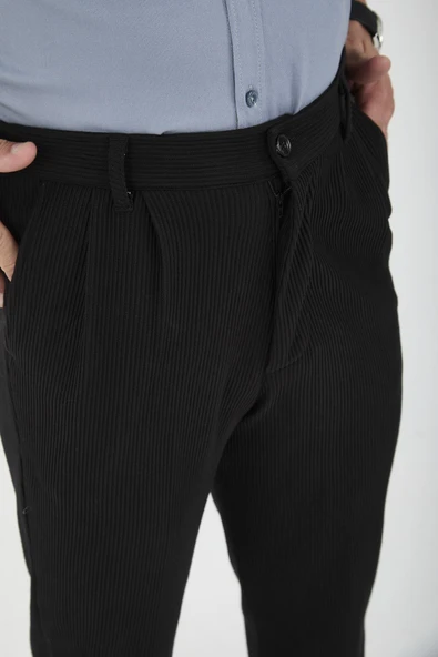 Fitilli Baggy Kalıp Erkek Pantolon - Siyah - 3