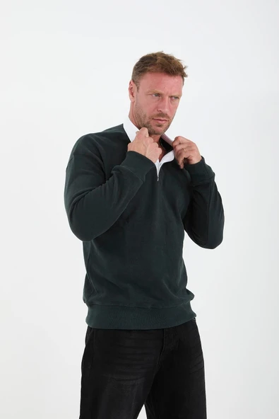 Polo Yaka Selanik Örme Kumaş Erkek Sweatshirt - NeftiYeşili - 6