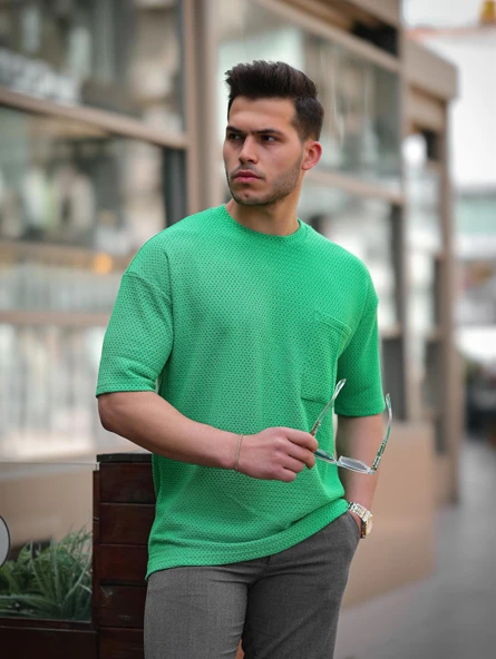 Cep Detaylı Oversize Örme T-shirt - Yeşil - 5
