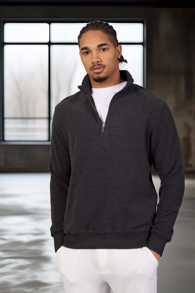 Lars Selanik Örme Yarım Fermuar Erkek Sweatshirt - Antrasit - Resim 2