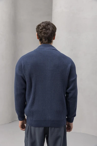 Woody Oversize Selanik Örme Fermuarlı Erkek Hırka- İndigo - Resim 7