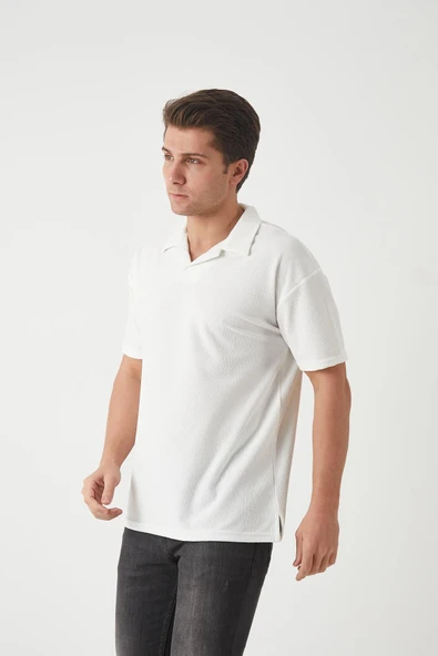 Havlu Kumaş Polo Yaka Erkek T-Shirt - Ekru