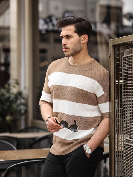 Oversize Çizgili Basic Triko T-Shirt - Bej - 2