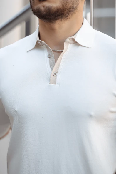 Premium Şerit Detaylı Viskon Polo Yaka Triko Erkek T-Shirt - Ekru - 2