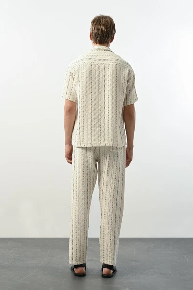 Bohem Çizgili Örme Kumaş Erkek Pantolon - Ekru - 4