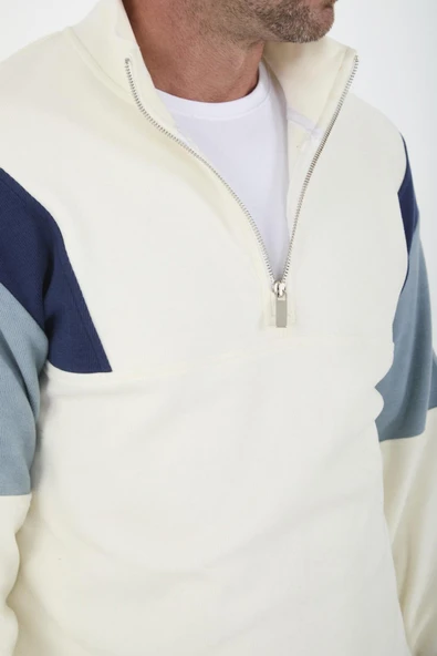 Oversize Erkek Kolları Garnili Selanik Örme Erkek Sweatshirt - Ekru - 3