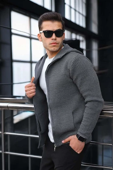 Fermuarlı Merdiven Örgü Kapüşonlu Triko Hırka/Ceket Füme - Resim 2