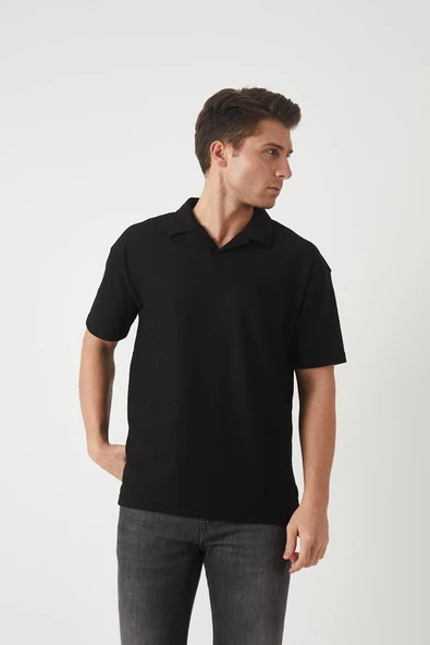 Havlu Kumaş Polo Yaka Erkek T-Shirt - Siyah - 2