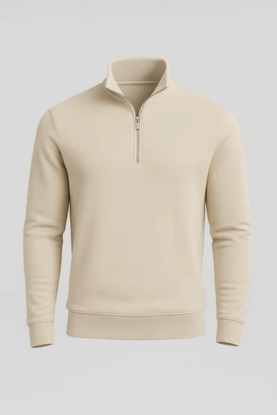 Lars Selanik Örme Kumaş Yarım Fermuar Erkek Sweatshirt - Taş ürün görseli