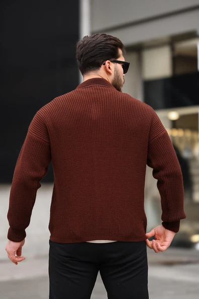 Oversize Selanik Örgü Düğmeli Erkek Hırka- KoyuKahve - 5