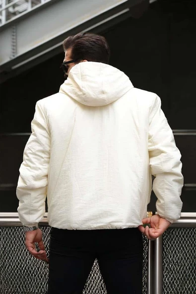 Oversize Cep Detaylı Kapüşonlu Hafif Şişme Mont - Ekru - Resim 7