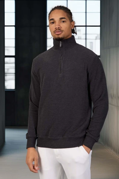 Lars Selanik Örme Yarım Fermuar Erkek Sweatshirt - Antrasit - Resim 4