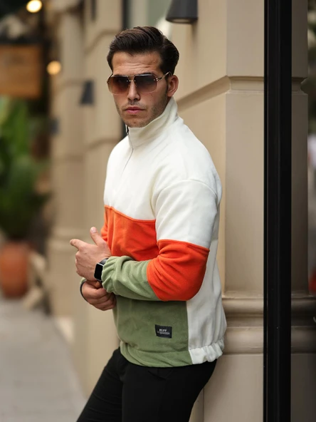 Parça Desen Yarım Fermuar Polar Sweatshirt - Ekru/Turuncu/Haki - 2